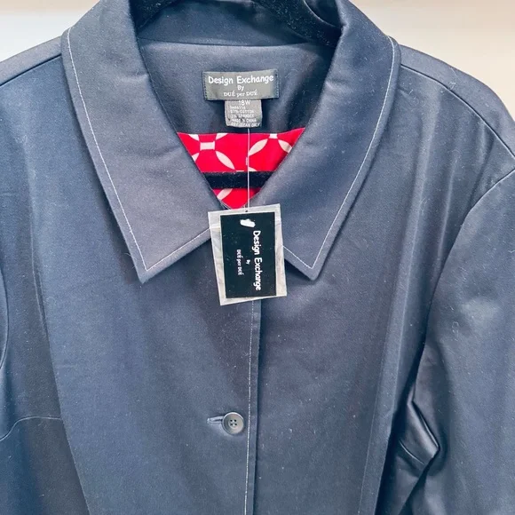 NWT Design Exchange Due Per Due Rain Trench Coat Navy Red Lining Sz 18W - Picture 3 of 7